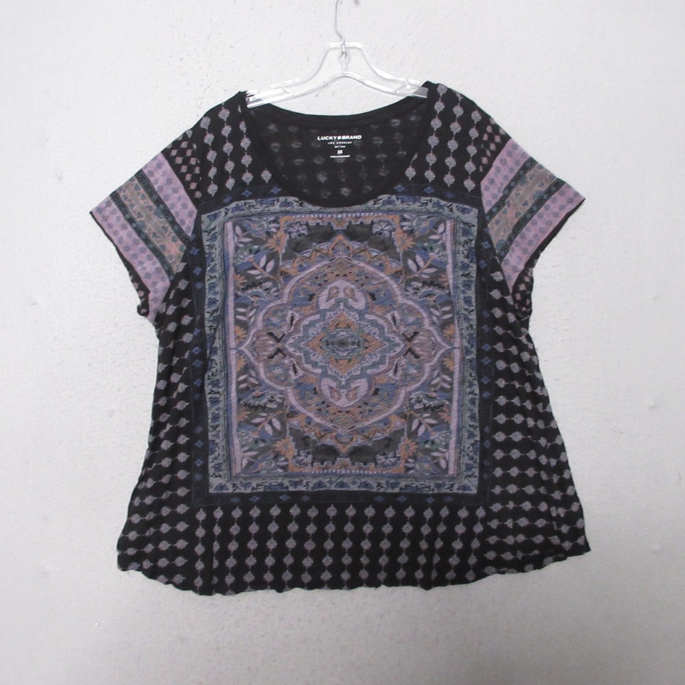 Lucky Brand Top 3X Black Persian Carpet Boho Mandala Cotton Modal Lightweight
